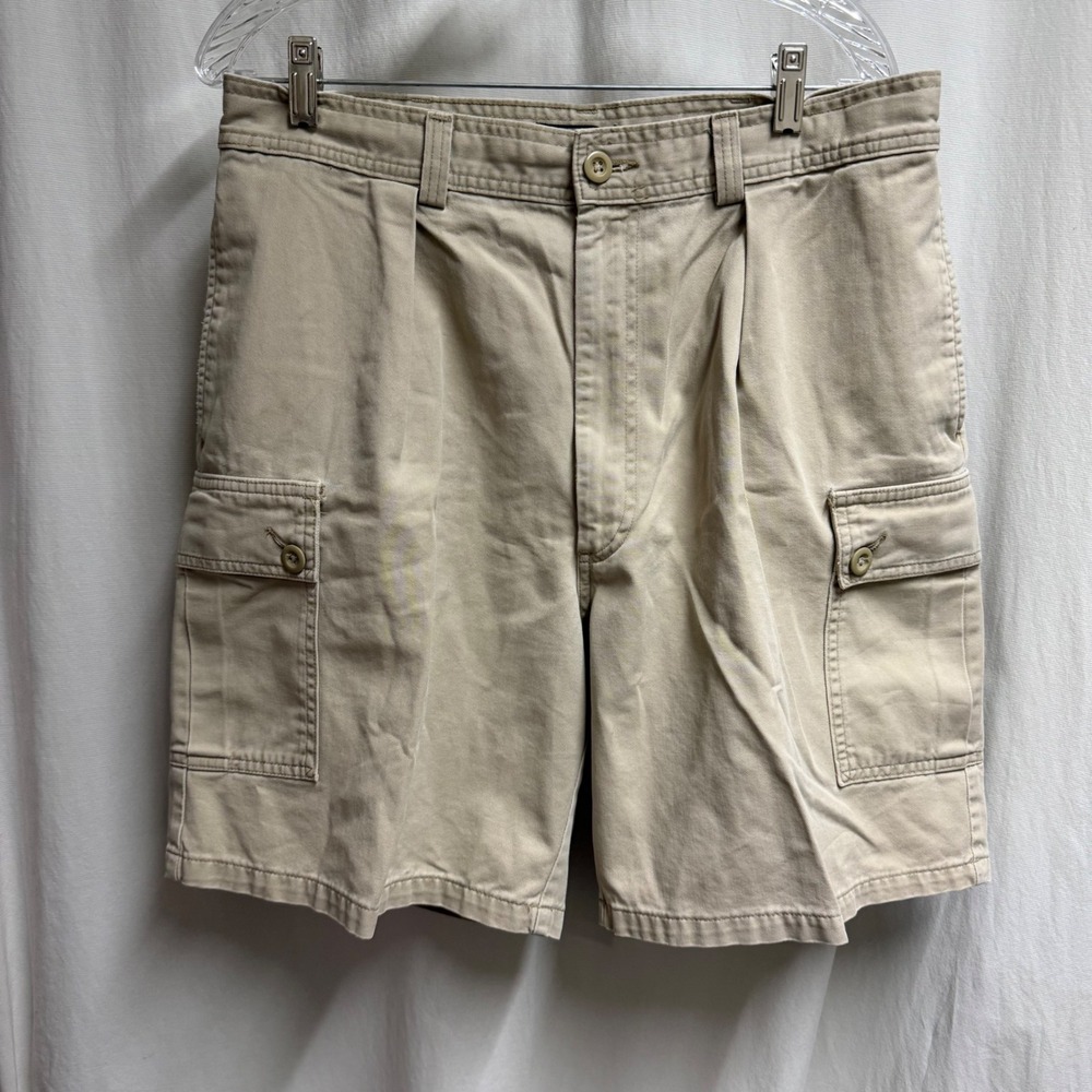 VTG Polo Ralph Lauren Mens Khaki Cargo Shorts Pleated Cotton Made in USA Size 35
